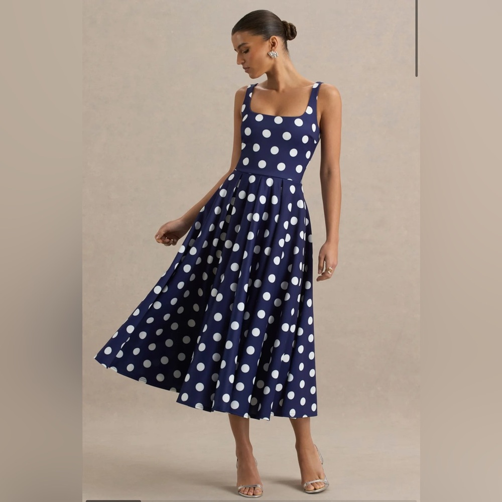 Club London Berta Navy and White Polka Dot Square Neck MIDI Dress